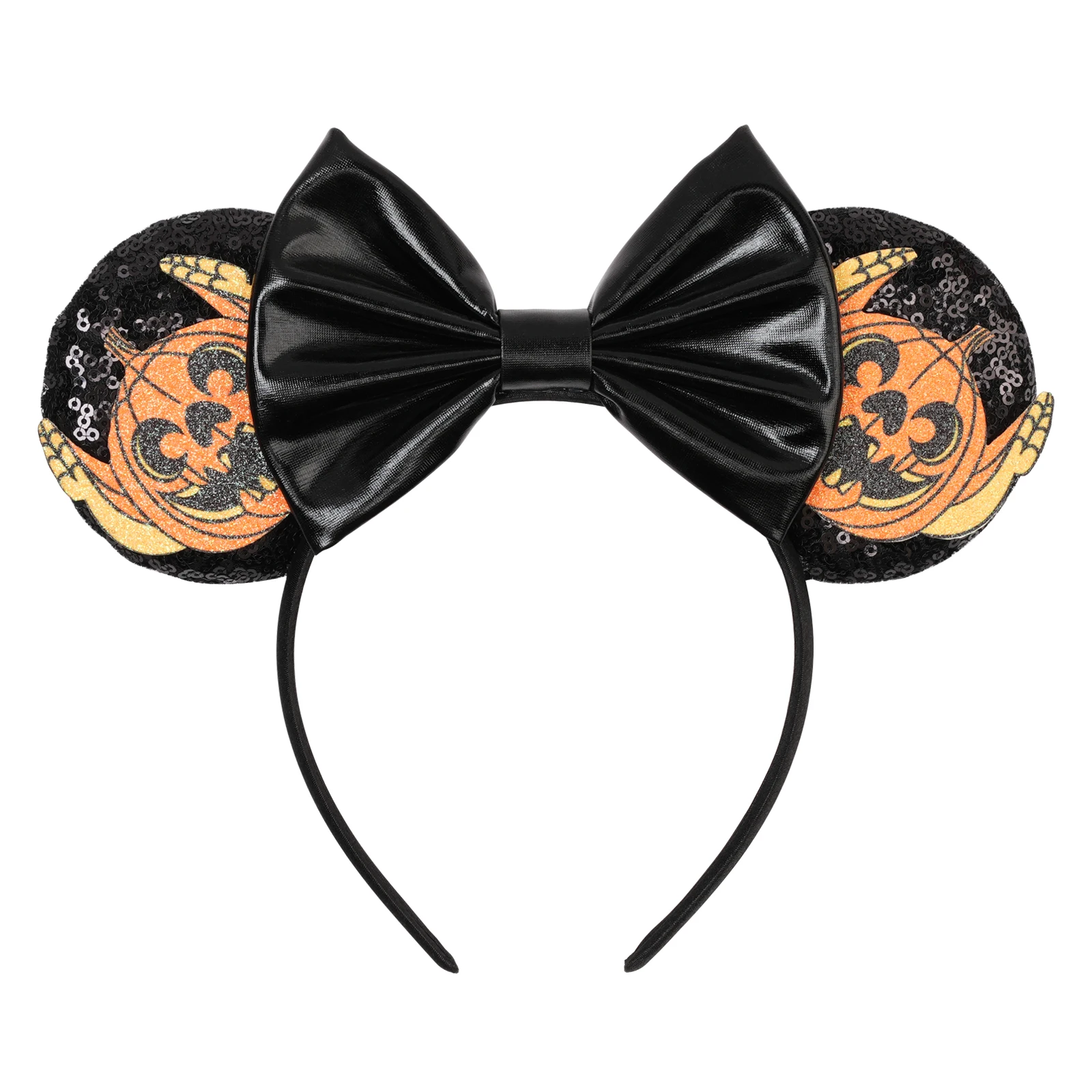 Halloween-Mickey-Ohren-Haarreif mit Kürbis-PU-Schleife in Schwarz, Party-Haaraccessoires für Frauen und Mädchen, Disney-Kostüm, Cosplay, Festival