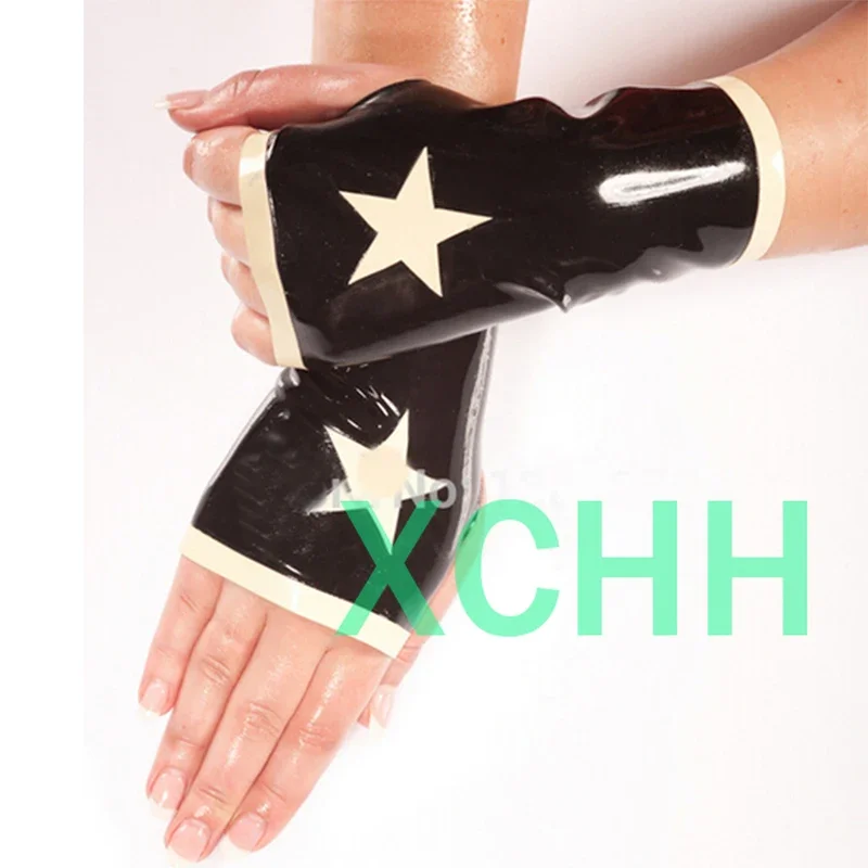 

Unisex Latex No Fingers Short Wrist Rubber Gloves Black with White Star