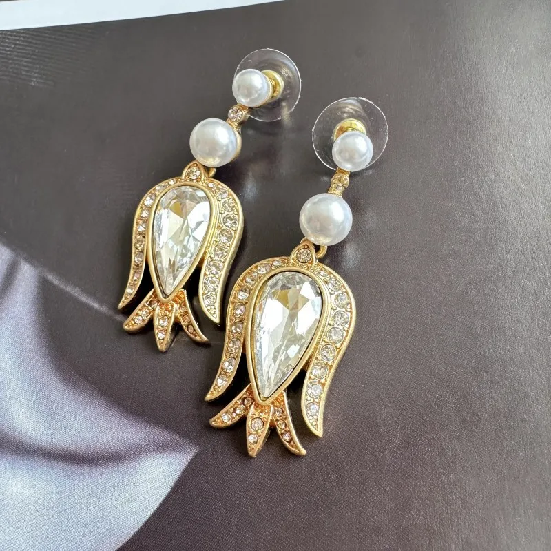 Fashion Jewerly Vintage Tulip Champagne Glass Rhinestone Flower Stud Earrings with Decorative Pearls