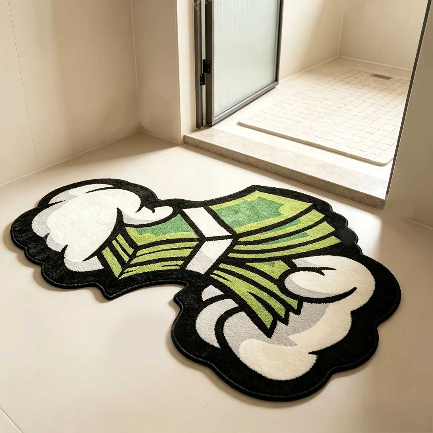 VIKAMA Cartoon Gloves Hold Money Shaped Rug Fashion Cash Dollar Print Irregular Floor Mat Trendy Bedroom Living Room Home Decor