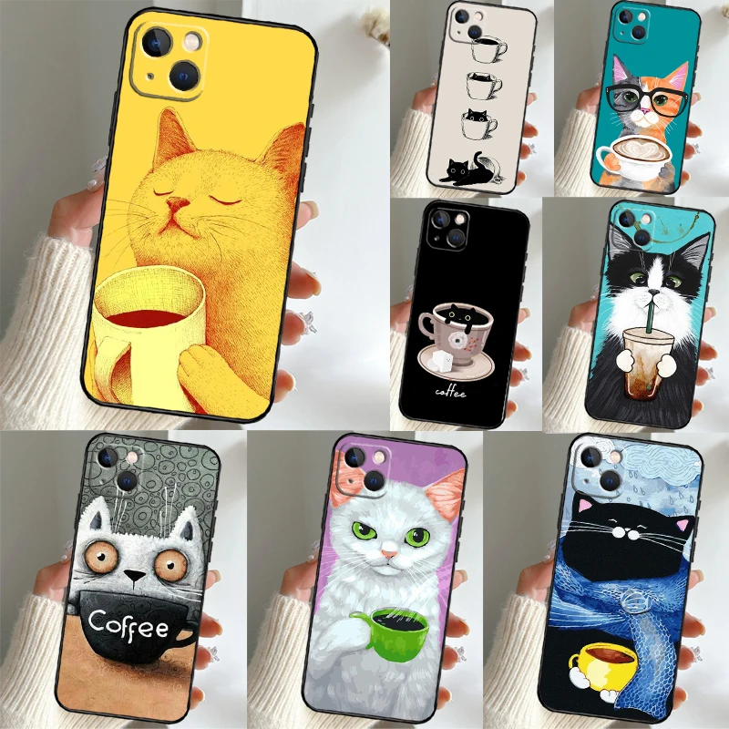 Cute Animal Cat Coffee Phone Case For Samsung Galaxy S25 Ultra S24 S22 S21 S23 FE S9 S10 S20 Plus S24 FE Soft Cover