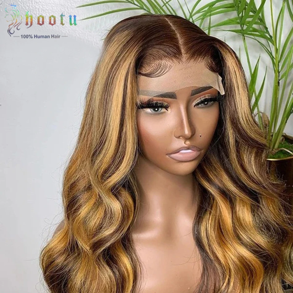 Peruca de onda corporal Hootu-Colored, perucas de cabelo humano pré arrancadas, destaque Ombre, 13x4 Lace Front, densidade de 180%, # P4/27