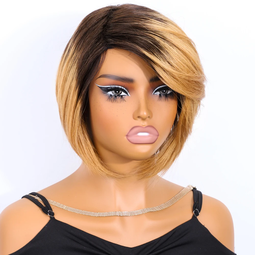 Rebecca Honey Blonde Short Pixie Cut Side Part Straight Bob 100% Human Hair Wig For Women Brazilian Remy Hair Full Machine Made