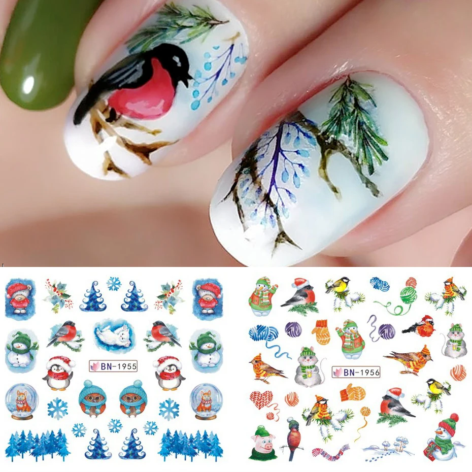 12pcs Cute Penguin Winter Nail Stickers uccelli Bear Cat Cartoon Animal Snowflake Sliders decalcomanie per l'acqua decorazione Xmas Tips Foils