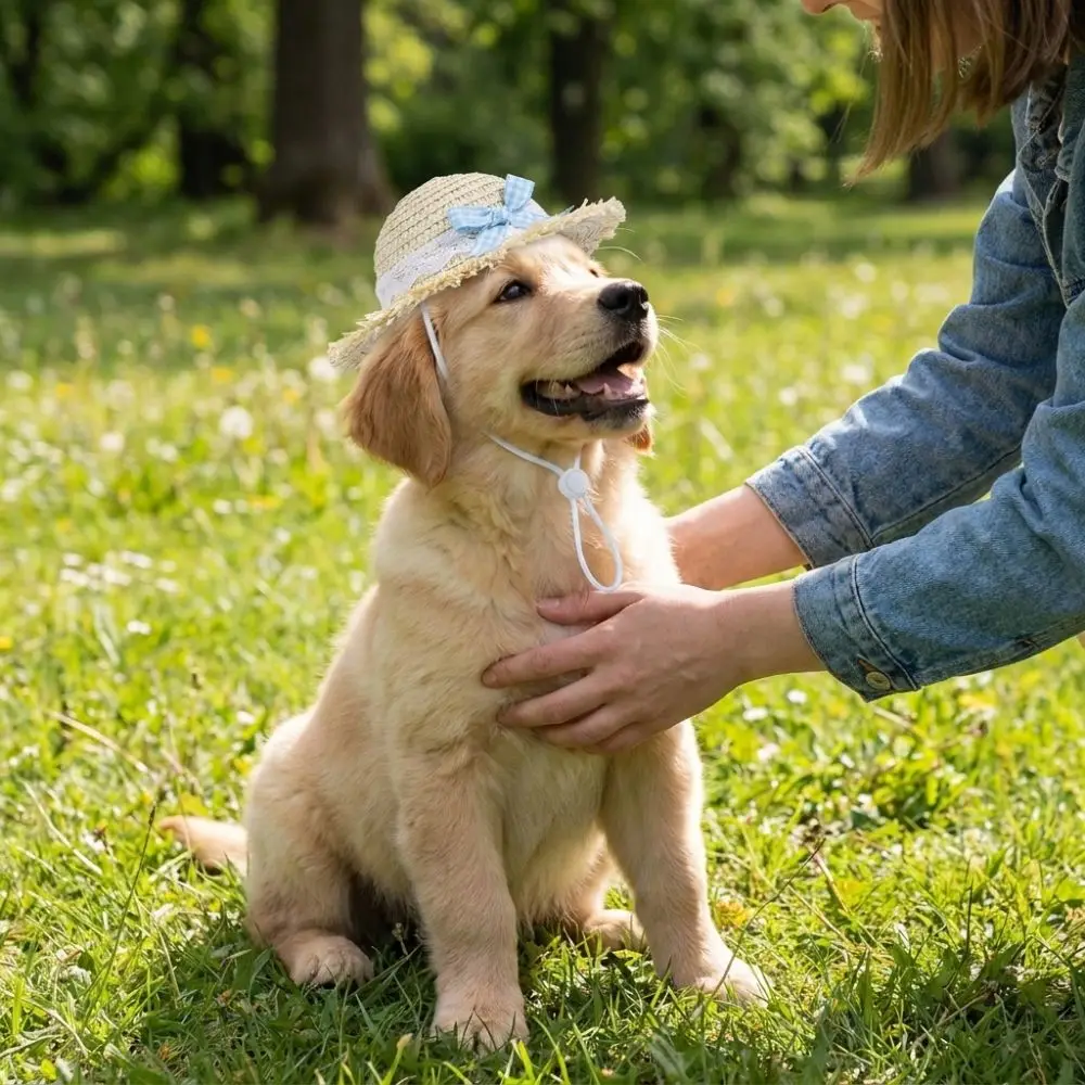 Cute Breathable Pet Lace Bow Hat Sun Protection Hand Knitting Pet Sunscreen Hat Adjustable Chin Strap Cat Straw Hat Outdoor Use