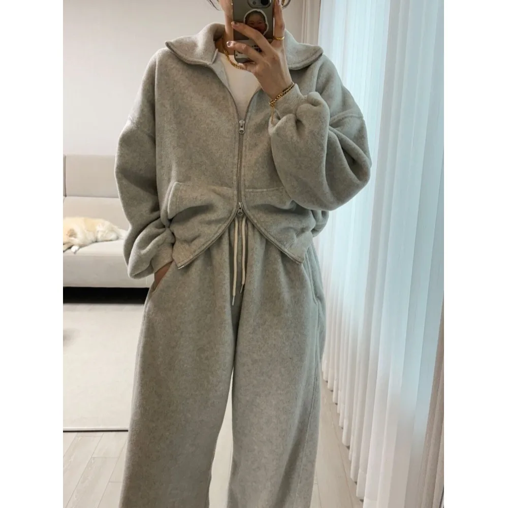 韓国風シックデザイン襟付き裏地付きスウェットトップス、伸縮性ウエストカジュアルワイドレッグパンツ、ツーピースセット、レディース服