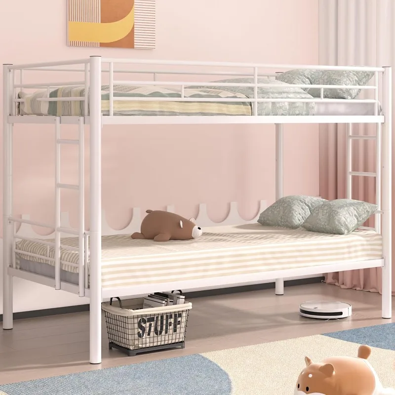 Metal Bunk Bed Twin Over Twin with Ladder and Full-Length Guardrail, Noise Free, No Box Spring Needed, Off White