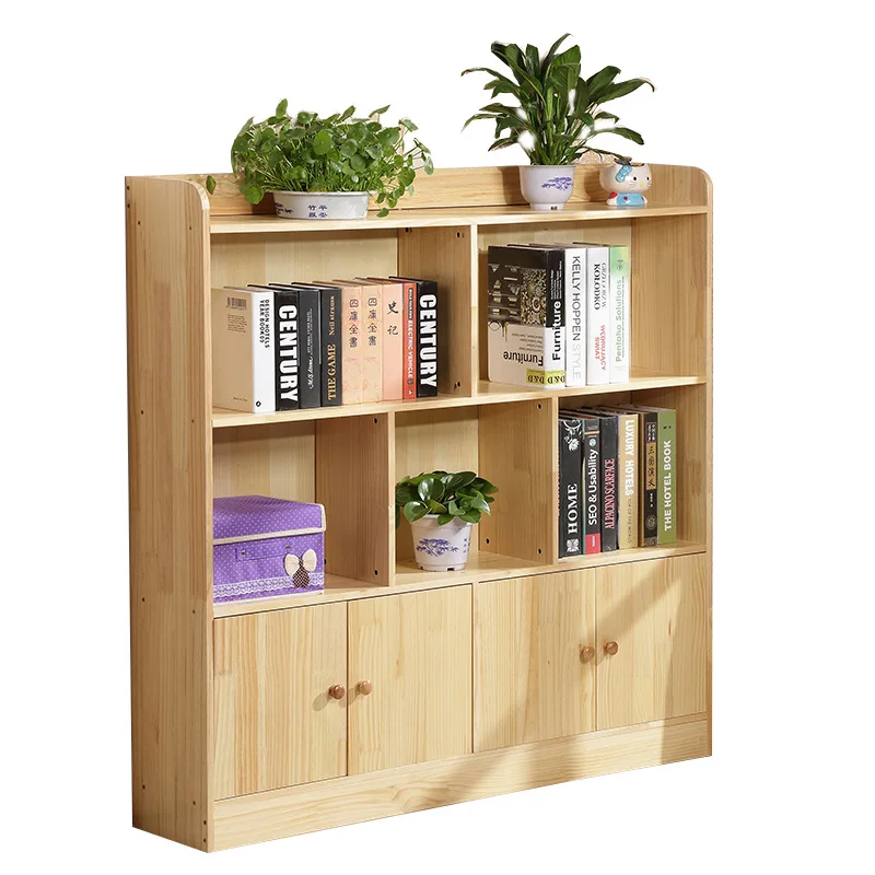 Pine Children's Bookshelf Simple  Solid Wood Children's Bookcase Bookshelf Cartoon Kindergarten Combination Locker with Door