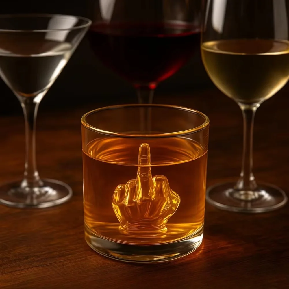 Funny Gag Gift for Men & Women Middle Finger Whiskey Glass Gift Set 12.5oz Novelty Glass 3D Finger Inside for Rude Humor Lovers