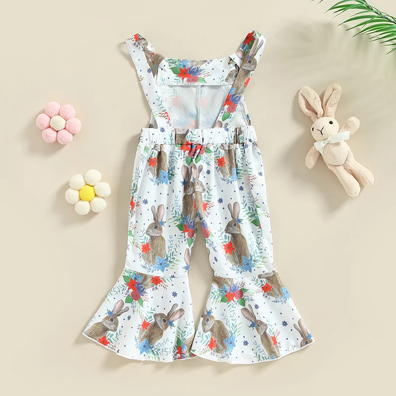 

Baby Kid Girls Jumpsuit Sleeveless Rabbits Print Long Flare Pants for Easter Party