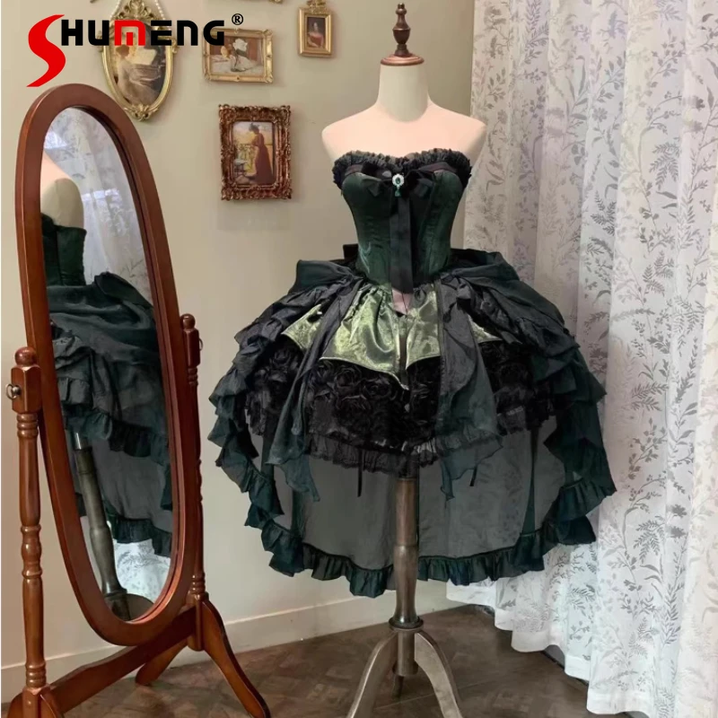 

Gothic Green Evening Dresses for Women High Waist Slimming Exquisite Elegant Lolita Dresses Lady Sweet Ball Gown Vestidos Summer