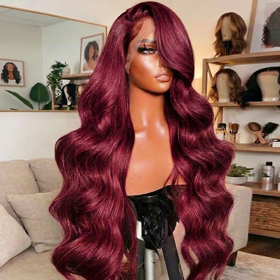 

Парик из натуральных волос с кружевной передней частью 13x6, 250 плотности, цвет 99J Бордовый, 30-40 дюймов, с эффектом Body Wave, 13x4, красный, бразильский, для женщин