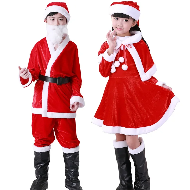 Nieuwe Verkoop Jongens Meisjes Rode Kerstman Hoed Kostuum Kerstfeest Cadeau Gever Cosplay Kleding Cape Jurk Hoeden Verkleden