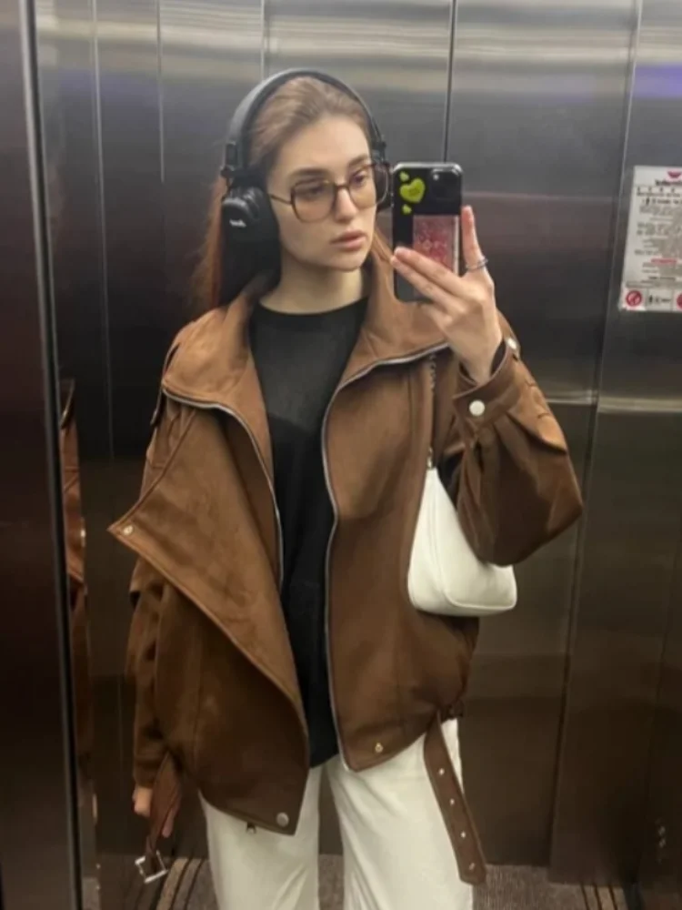 

Vintage Lapel Brown Zipper Short Jacket Women's Suede Cropped Casual Coat 2024 Autumn Woman New Commuter Outerwears