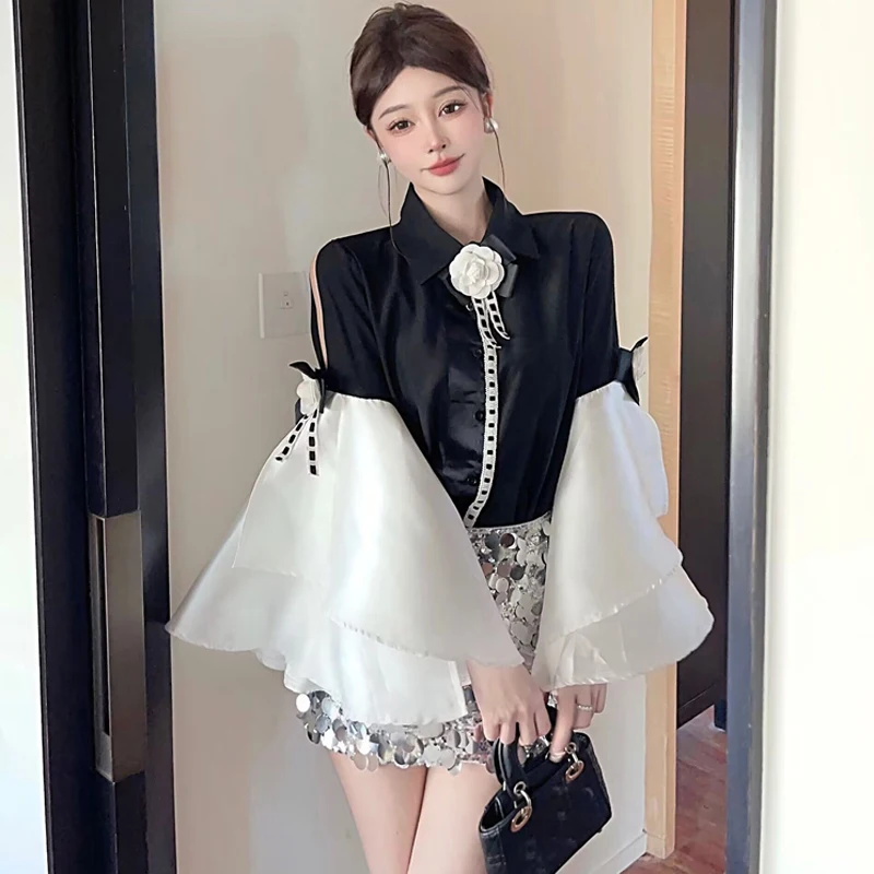 

New Spring Vintage Elegant Lapel Big Flare sleeve Long sleeve Slim Chiffon Shirt 3D Flower Deco Blouse Women