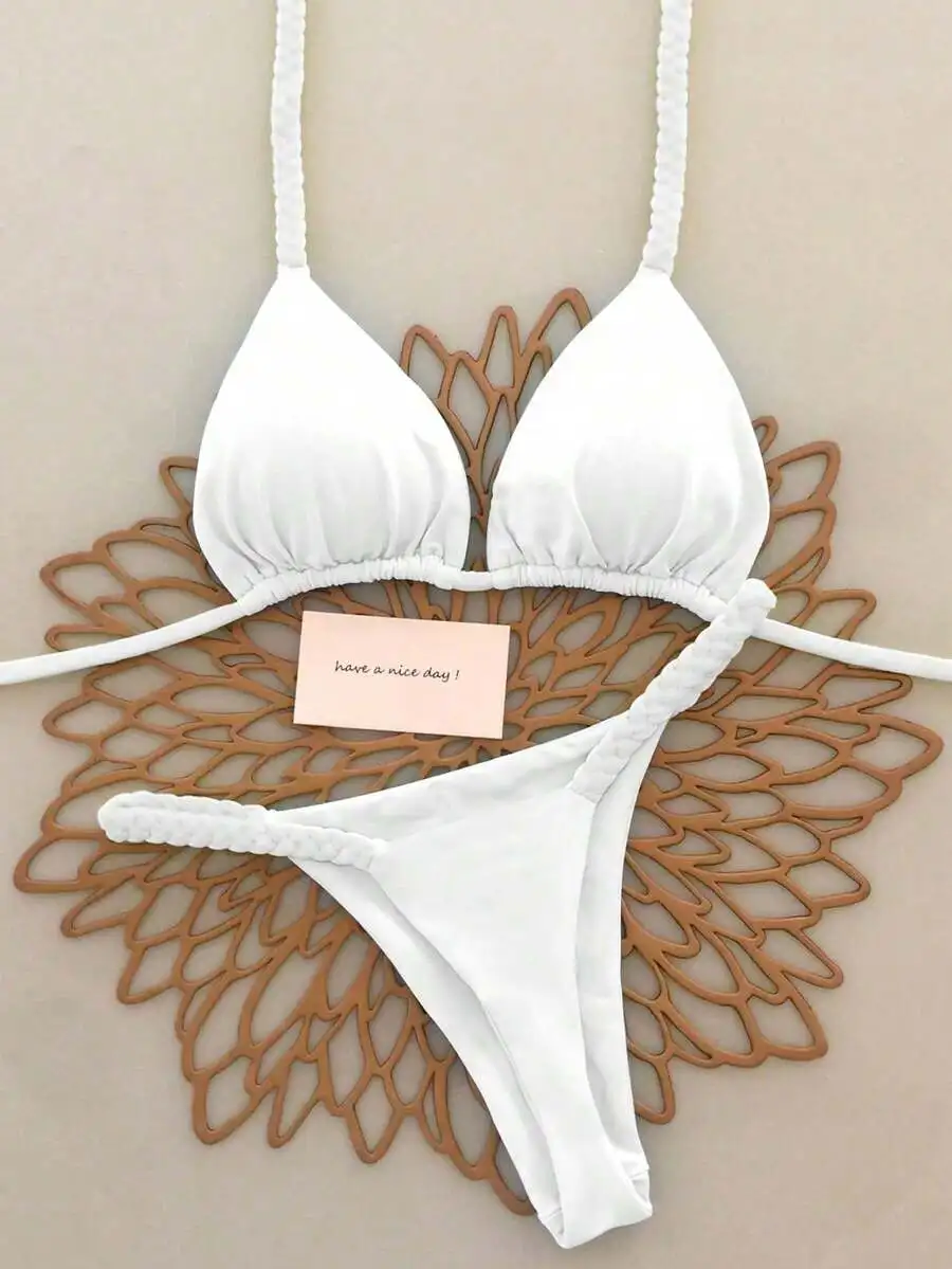 

White Braided Rope Triangle Bikini Set Sexy Vacation Swimsuit Two Pieces