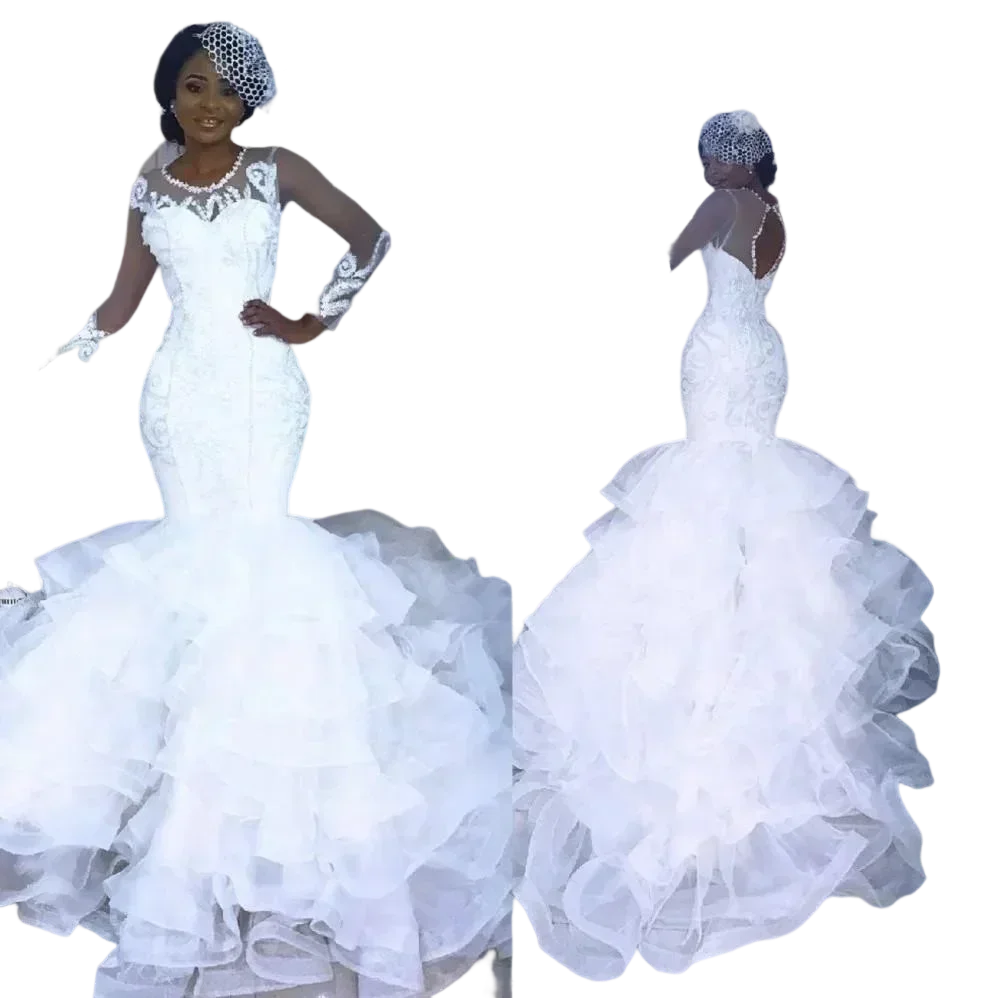Customized Beauty See Through Long Sleeves African Wedding Dresses Sweep Train Open Back Tiered Skirts Nigerian Bridal Gowns