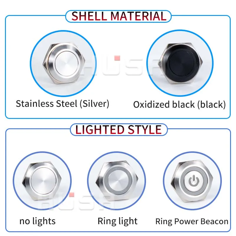 12/16/19/22/25/30mm Short Stroke Mini Waterproof Metal Push Button Switch Power Led Light Momentary 3-6/5/12/24V black 1NO HUSA