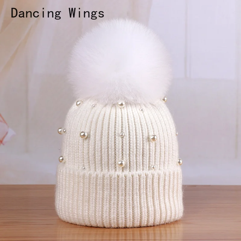 

Wool Beanies Women Real Natural Fox Fur Pom Poms Fashion Pearl Knitted Hat Girls Female Beanie Cap Pompom Winter Hats for Women