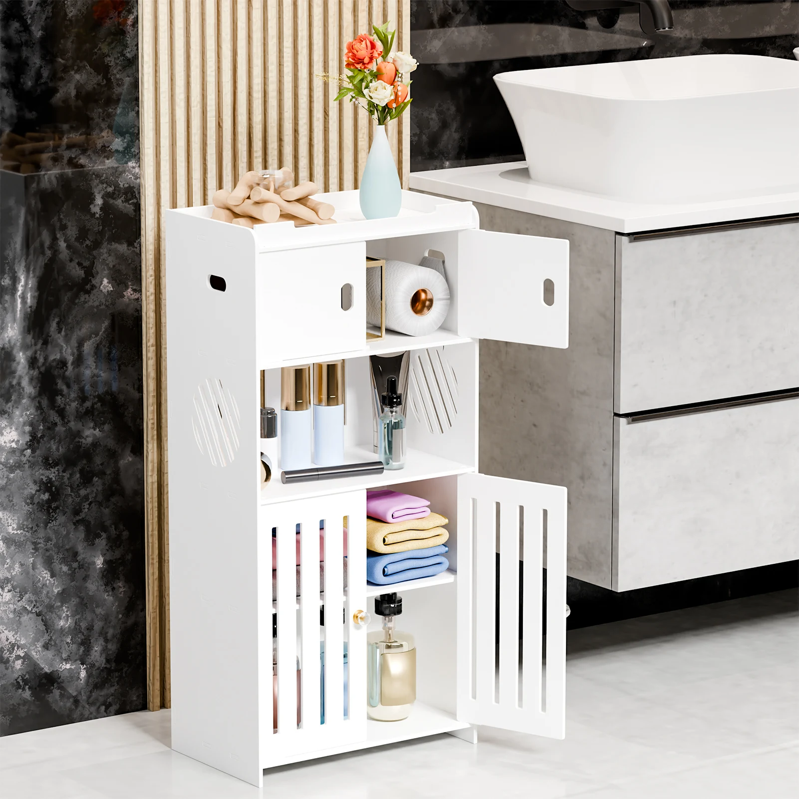 Bathroom Storage Cabinet, Freestanding Bathroom Cabinet with Open Shelf, Kitchen Pantry Cabinet with Doors and Paper Dispenser,