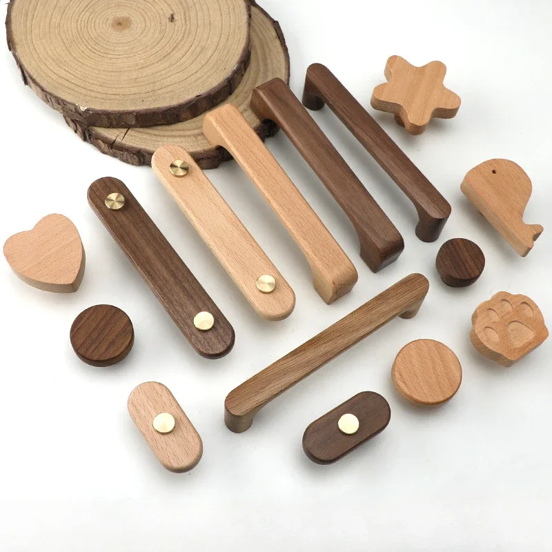 Beech Wood Single Hole Kitchen Drawer Knob, Bedroom Cabinet Door Handle Circular Cartoon Wardrobe Decoration Hardware