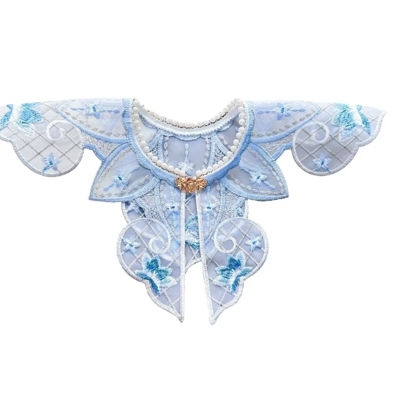 

Childrens Hanfu Accessories Detachable Fake Collar Pearls Beaded Shawl Wrap Chinese Embroidery Floral Necklace Capelet