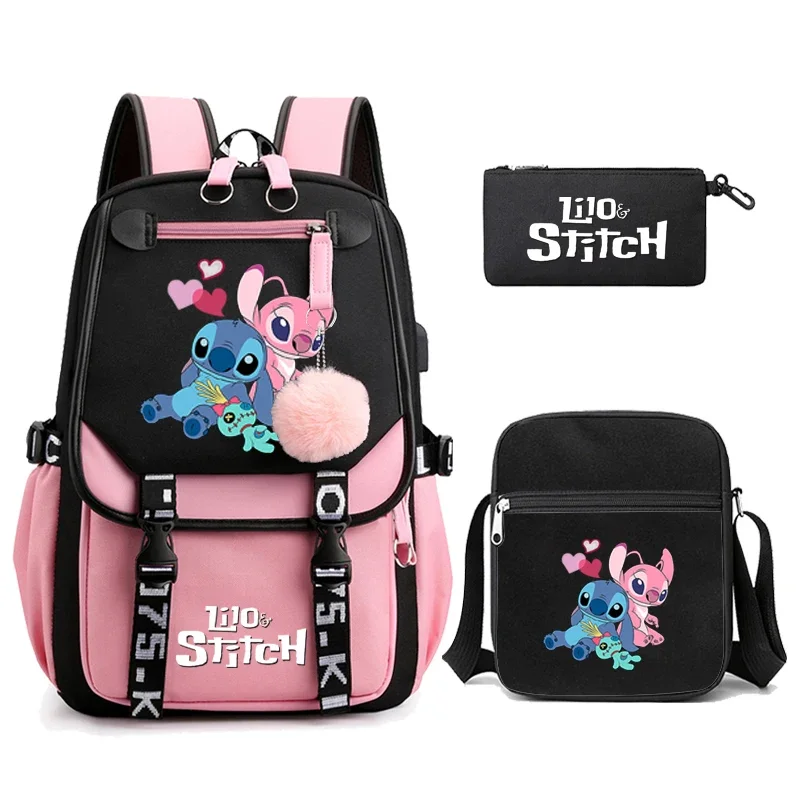 EE01 ¡3 unids/set Lilo Stitch mochila deportiva de dibujos animados para niña mochila portátil adolescente viaje escuela estudiante adolescente BookbaIo0!