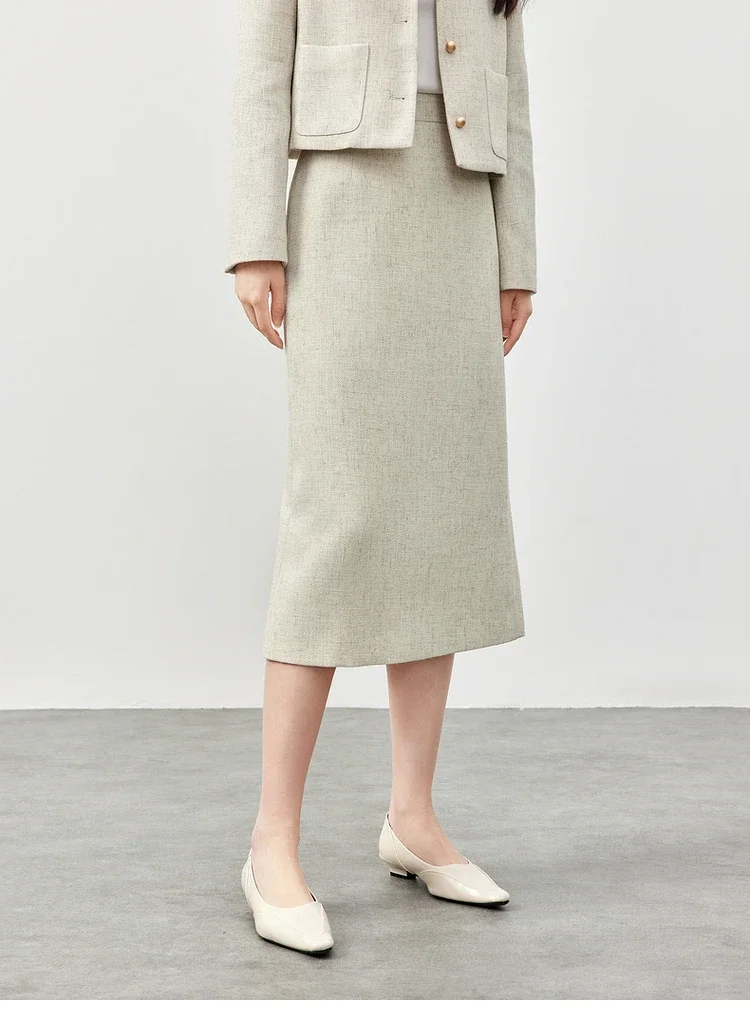SENTUBILA Tweed Gonne dritte per le donne 2025 Primavera Autunno AAalbicocca Miscela di lino Slit-hem Pendolarismo Elegante gonna semplice 151Q58662