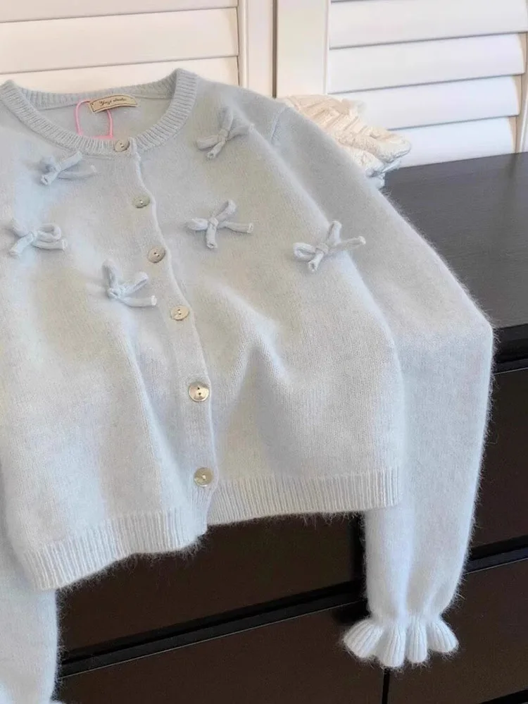 Blue Mohair Bow Sweater Women\'s Spring Autumn Long Sleeved O-neck Short Knitted Cardigan Loose All-Matchend Korean Jacket