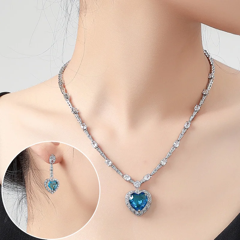 

Korean Style Heart Pendant Zircon Jewelry Set, New Chinese Design, 925 Silver Needle Earrings, Slimming Accessories for Women