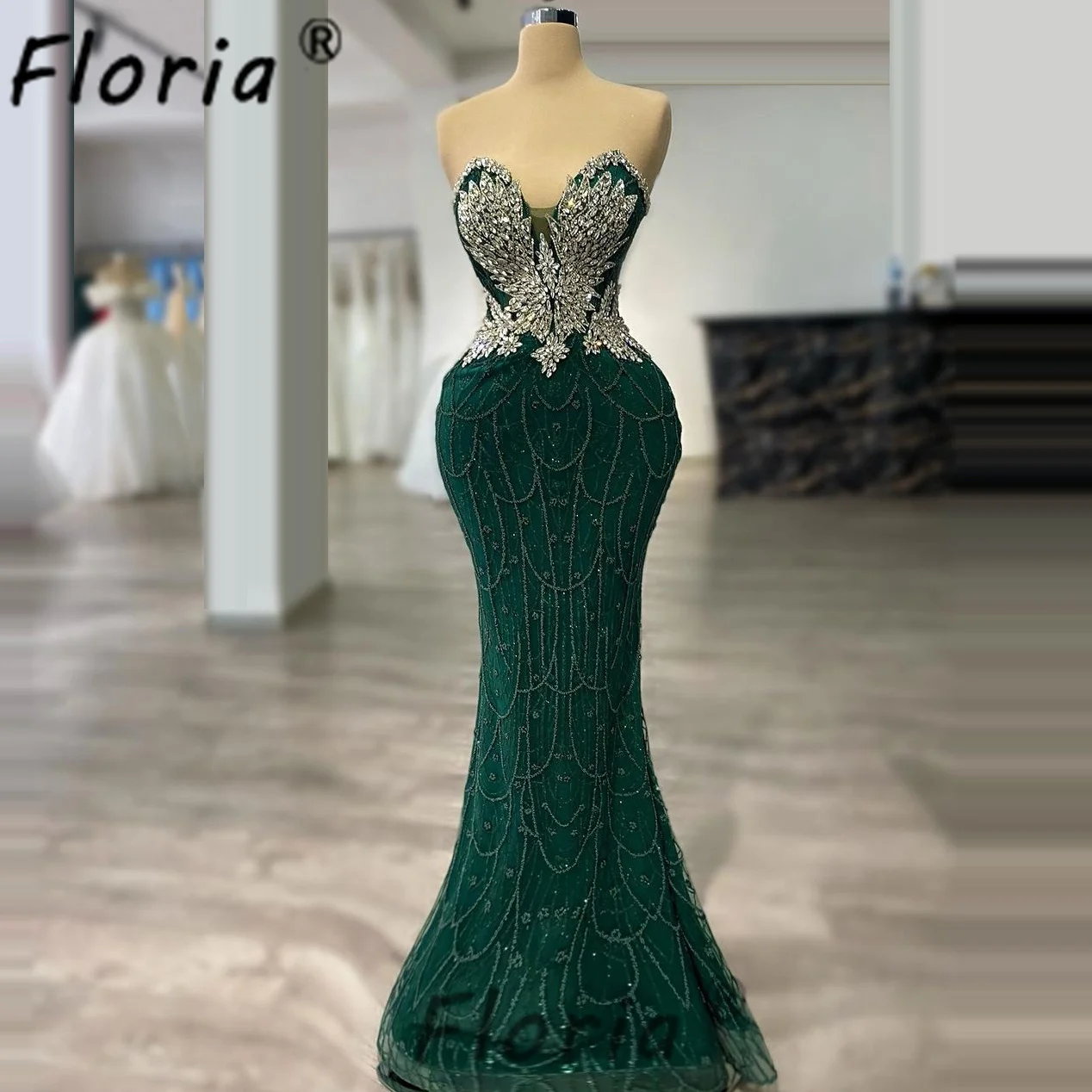 Vestidos de Noche de sirena de alta costura verde esmeralda, piedras brillantes, cristal, vestidos de fiesta personalizados para celebridades, bata de noche para invitados de boda