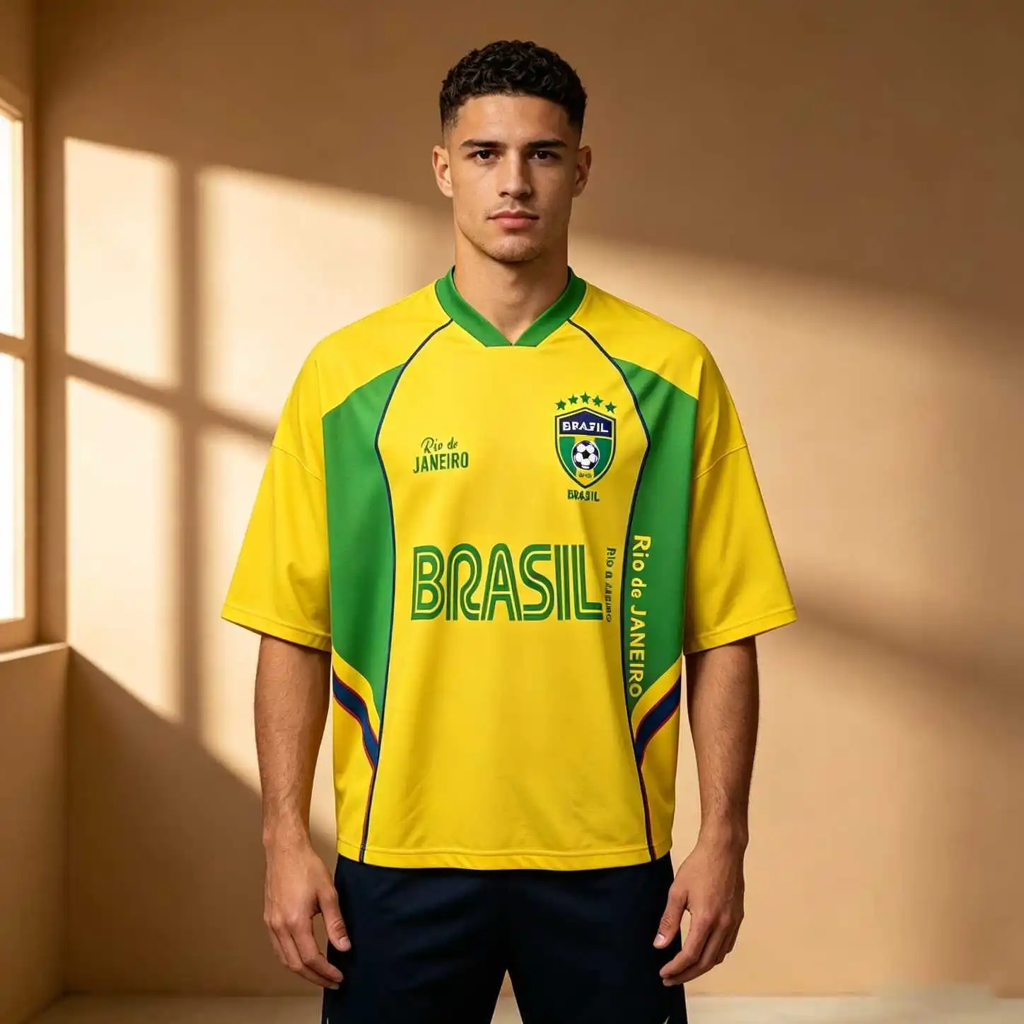 Casual Sport Retro Brazil Soccer Badge Print Men Oversized V Neck Elbow Sleeve Tee, Summer Streetwear Loose Fit Tops