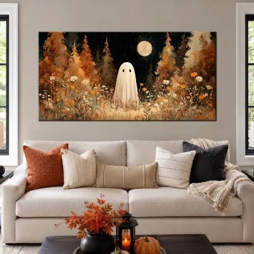 Fall Halloween Wall Art Spooky Ghost ing in Wildflower Field Modern Watercolor Autumn Moon Halloween Ghost Pictures Wall Decor