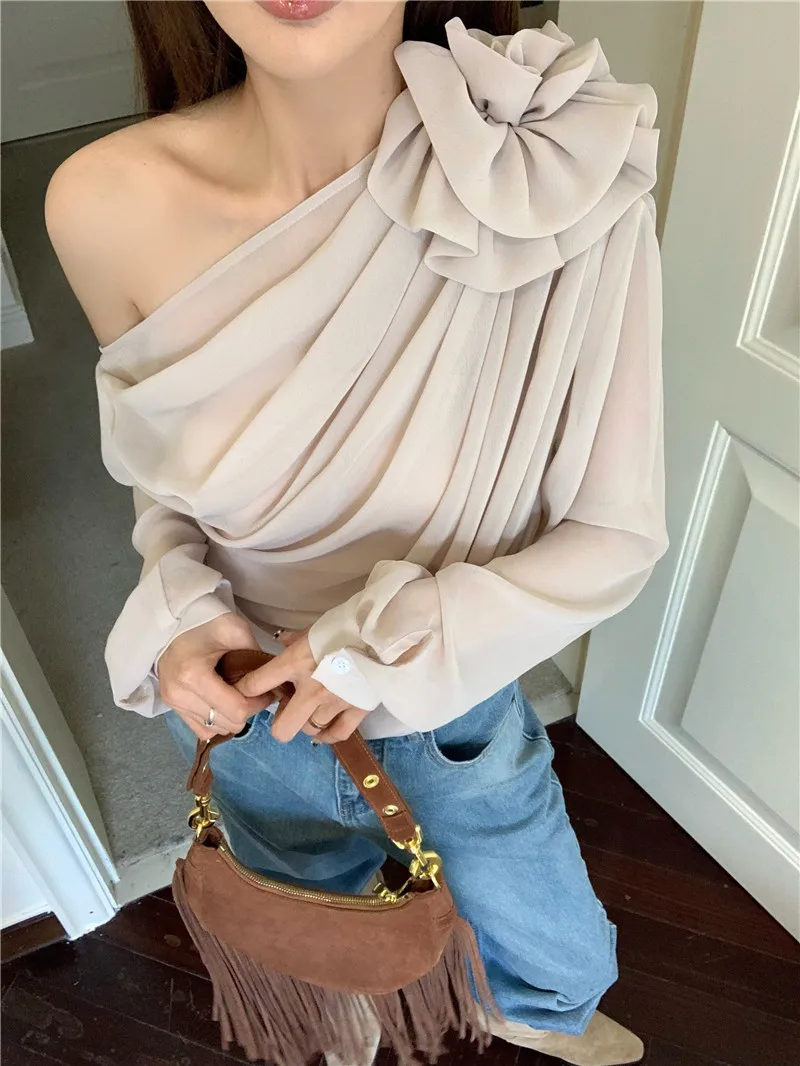 

Chic Off-oulder Asymmetrical irts Women's Loose Fit Long Sve Chiffon Blouse Slimming Pleated 3D Flower Pattern Commute...