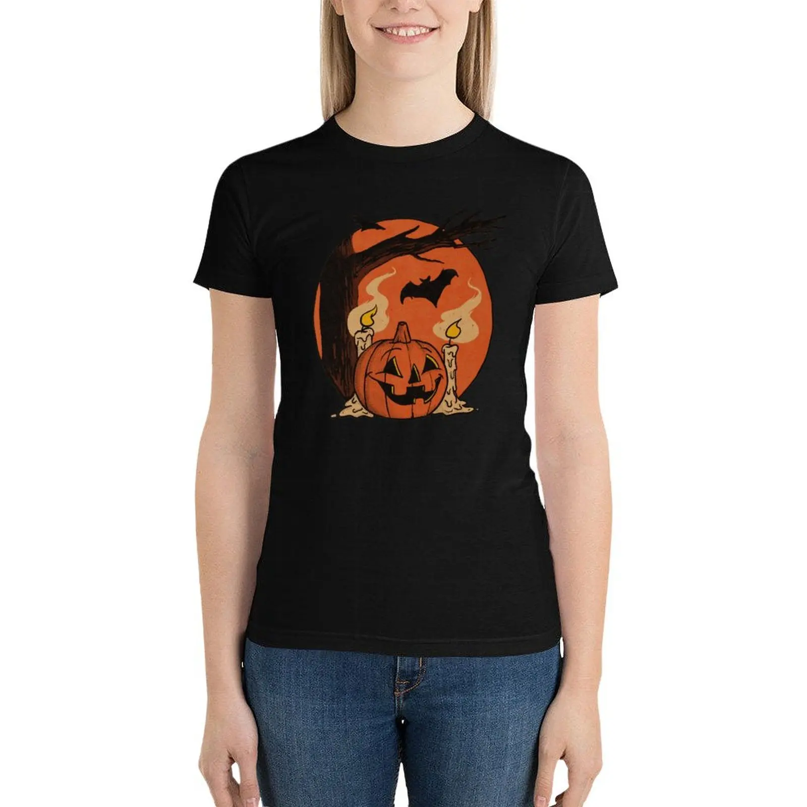 

Vintage Pumpkin Scene Halloween T-Shirt tops vintage clothes Women's tops