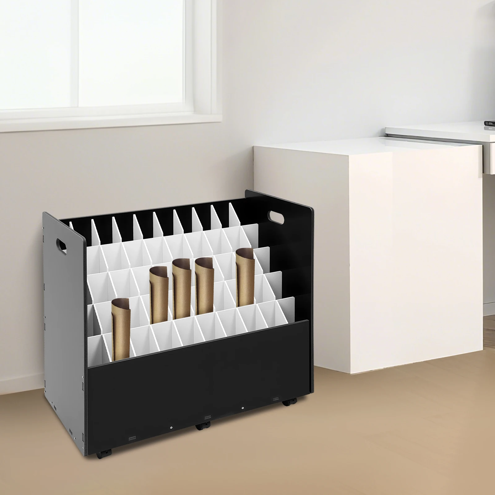 50 Slots Document Drawing Storage Rack Black With Wheels Rolling File Organizer For Blueprints Paper Files Office Study Use