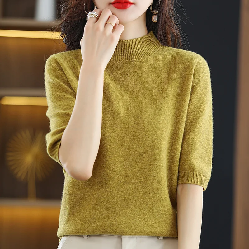 Women\'s Half High Collar Half Sleeve Knitted Shirt, Wool Underlay Pullover, Versatile Top