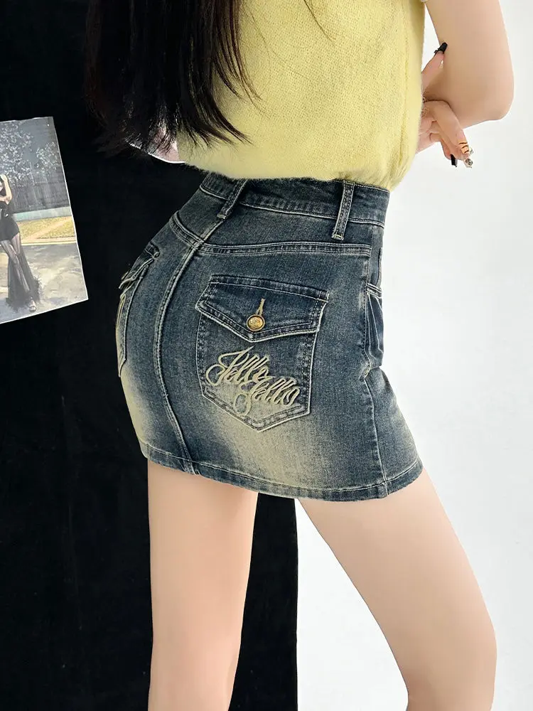 Denim Skirt Letter Embroidery Women'S 2024 Summer American Vintage Skirt Water Wash Elastic Wrap Hip Short Skirt