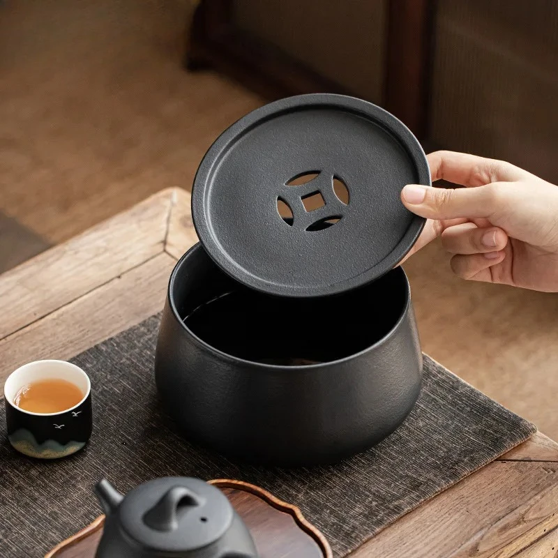 Black Pottery Ceramic Tea Washing With Cover Large Household Tea Residue Jar Jianshui Bowl Cup Washing Bowl Kung Fu Tea Ceremony