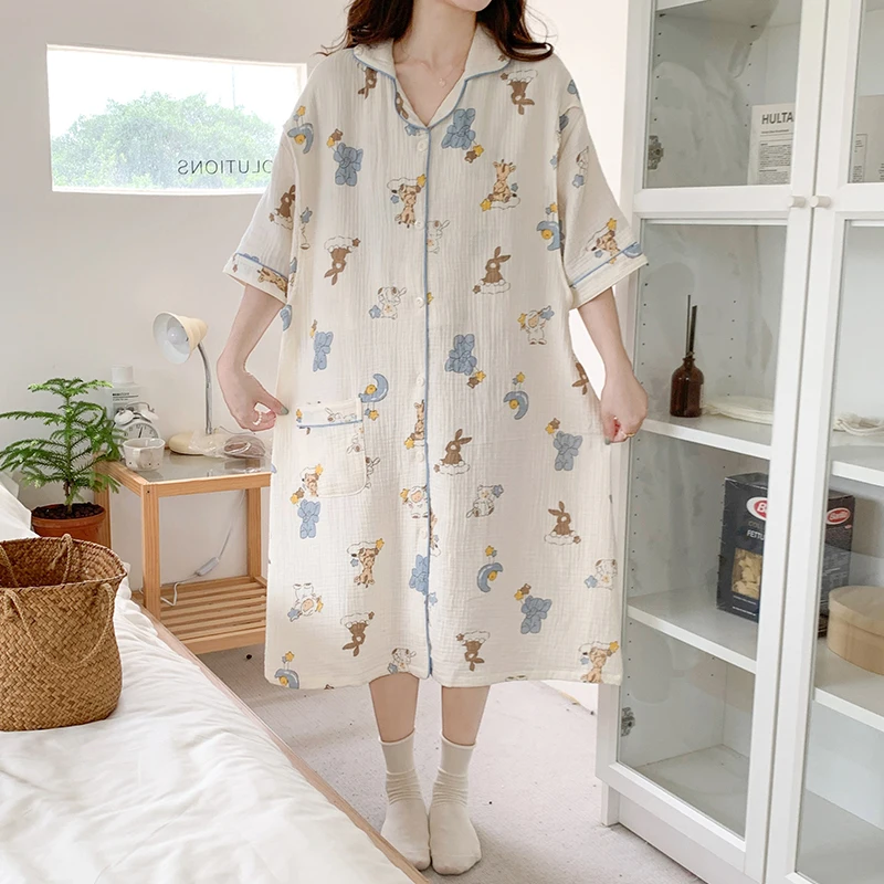 100% Cotton Double Gauze Nursing Nightdress for Maternity Summer Soft Thin Floral Printed Sleepwear Pregnancy Home Hospital Wear