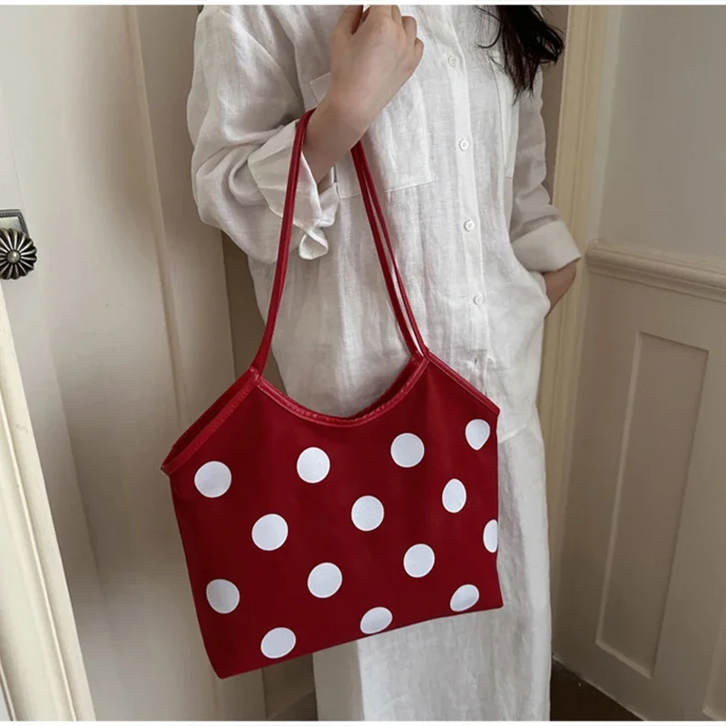 Koreanische Schultertasche mit Polka-Dot-Muster, Vintage-Kunsthandwerkliche Canvas-Tragetasche für Damen, lässige Alltagstasche mit Henkel. – Detail 22