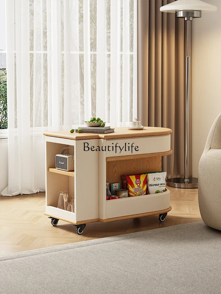 

N Solid Wood Mobile Coffee Table Nordic Simple Side Table Small Apartment Living Room Mini Table Sofa Side Cabinet
