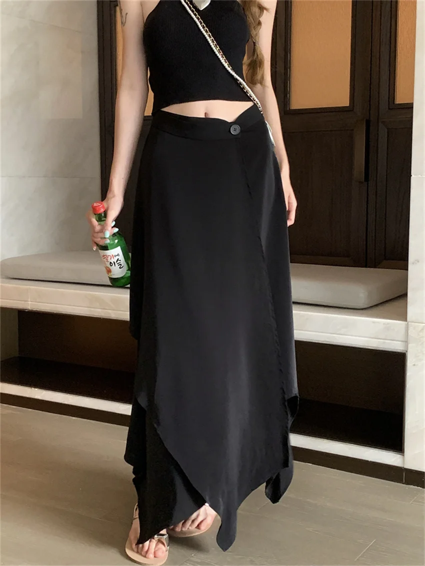 

PLAMTEE Black Autumn Chiffon Long Skirts Women Irregular Gentle High Waist Streetwear Work Wear Slim Elegant OL Solid New