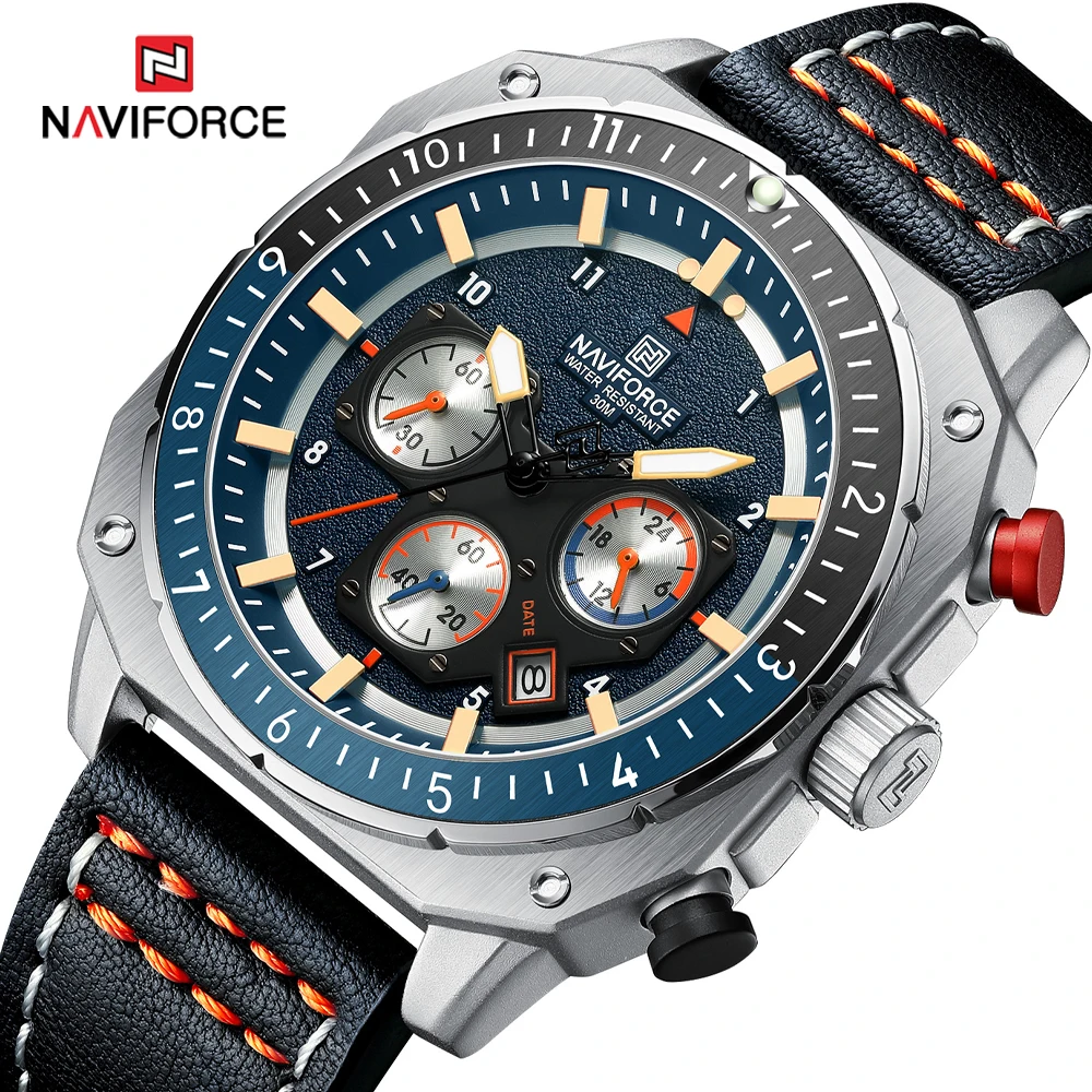 Часы наручные NAVIFORCE Мужские кварцевые, брендовые Роскошные модные многофункциональные с кожаным ремешком