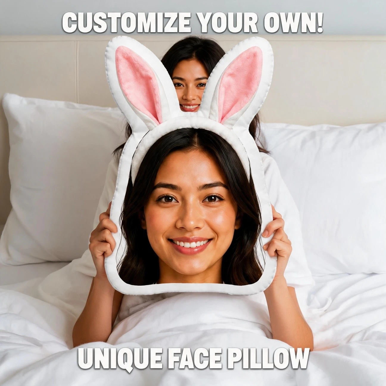 Custom Personalized Photo Face Pillow, Funny Bunny Ears Headband Style Custom Shaped Decorative Cushion, 70cm Home Decor Accent