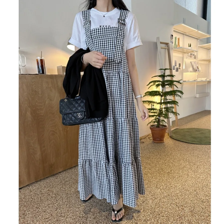 

Chic Summer Plaid Loose Casual Sleeveless Bib Dress Long Dress Women's Korean Style Square Collar Color Block Dress