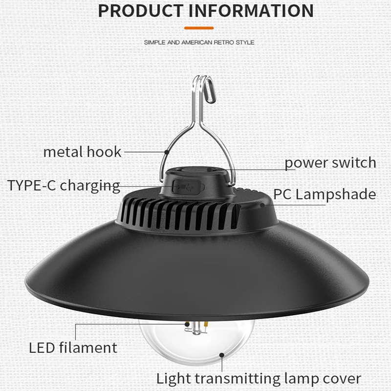 Retro LED Camping Lights Warm Atmosphere Tent Lantern With Hook Built-in Battery Rechargeable Lamp Outdoor Portable Flashlight