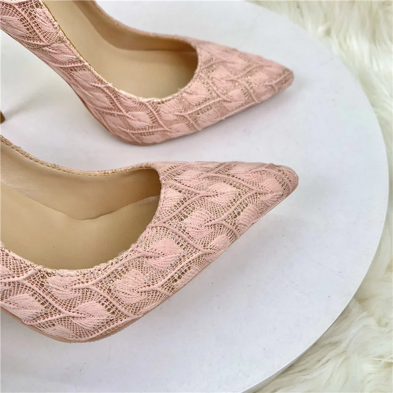 Tikicup Elegant Women Pink Lace Fabric Pointy Toe High Heel Wedding Bridemaids Shoes Comfortable 8cm 10cm 12cm Stiletto Pumps