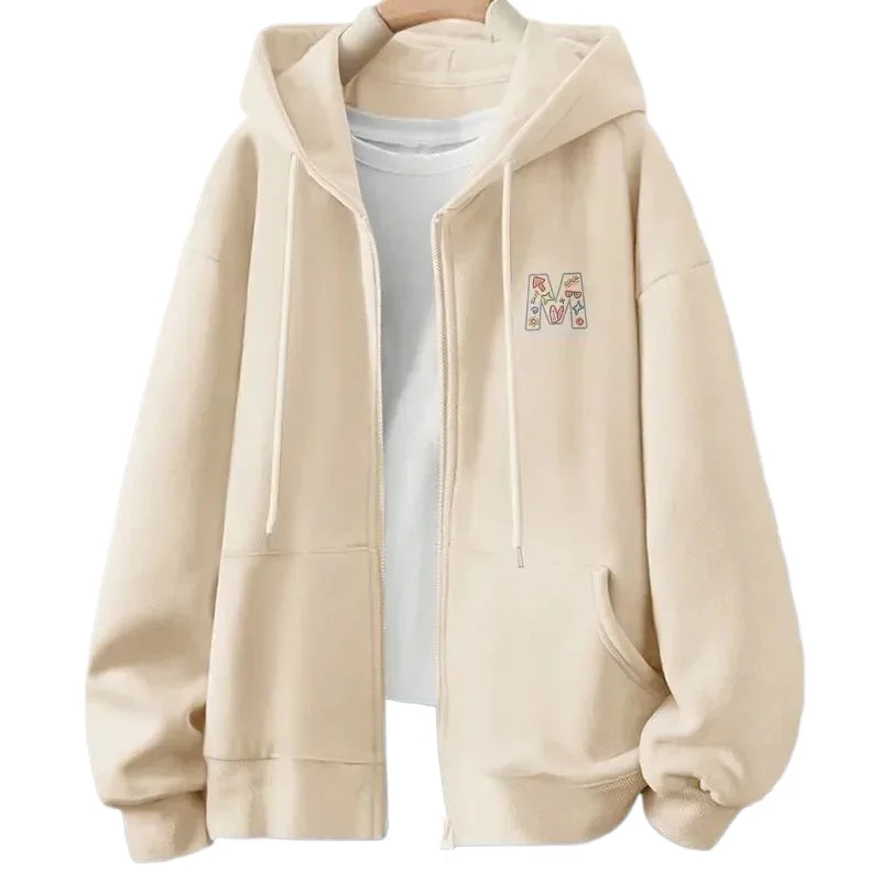 American Letter-printed Chest Label Hooded Cardigan Hoodie for Men Laid-back Loose and Drape Thickened Top for Teenagers Fashion
