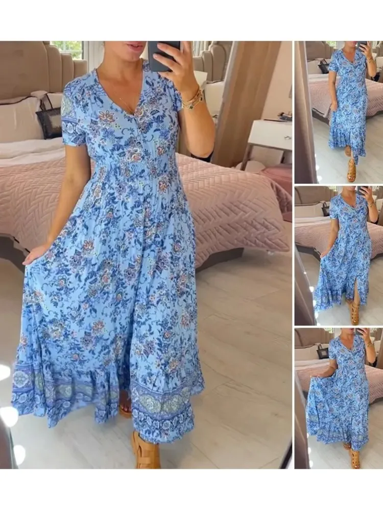 2025 Elegant Women Print Deep V Neck Dresses Elastic Waist Splice Pleated Hem Dress Boho Female Single-breasted Cardigan Gown